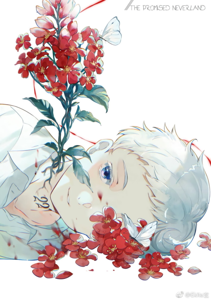 anime, Yakusoku no neverland, 1080P, flowers, white hair, The promised neverland, anime boys, blue eyes, Norman (The Promised Neverland)