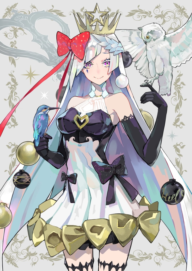 owl, anime, dress, fantasy girl, anime girls, FGO, digital art, 720P, elbow gloves, birds, fan art, Christmas ornaments, LAM, portrait display, illustration