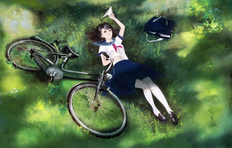 art, form, girl, yong kit lam, airplane, bike, 1080P, anime, bag, schoolgirl