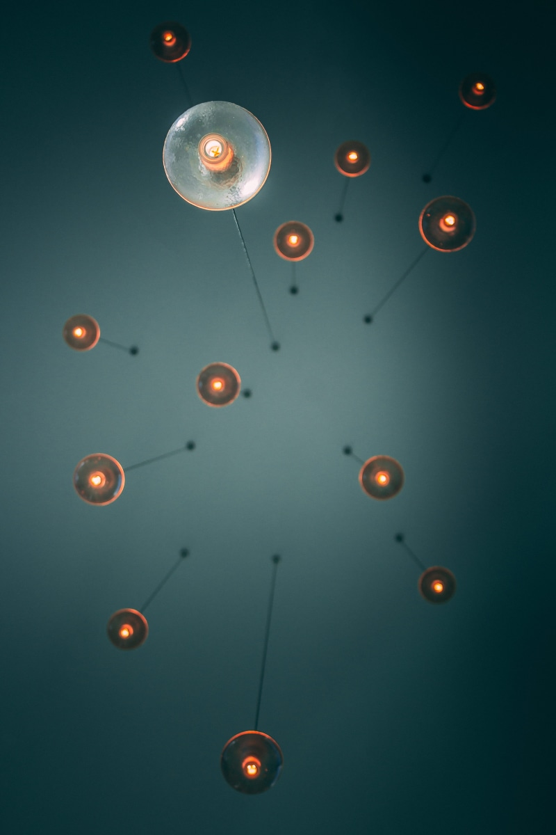up, angle, low angle view, shade, turned, large group of objects, blue, multi colored, close, decoration, lamps, 5K, lighting equipment, interior design