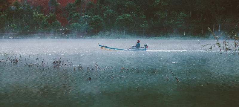 two people, real people, fisherman, tree, nautical vessel, transportation, Da Lat, men, day, outdoors, tuyen lam, rowboat, mode of transportation, nature