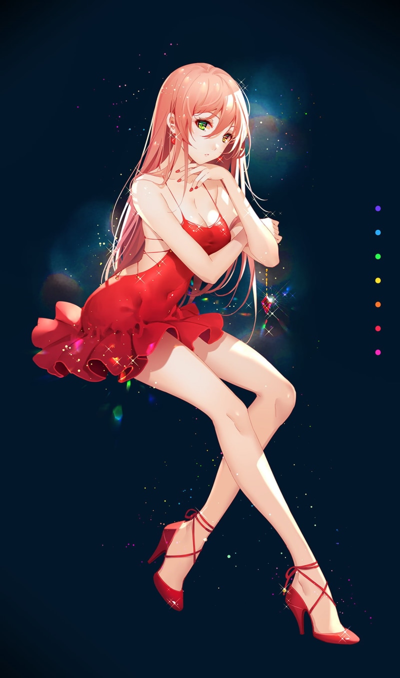 legs, anime girls, 1080P, women, heterochromia, digital art, original characters, illustration, Tidsean, dress, portrait display, heels, looking at viewer