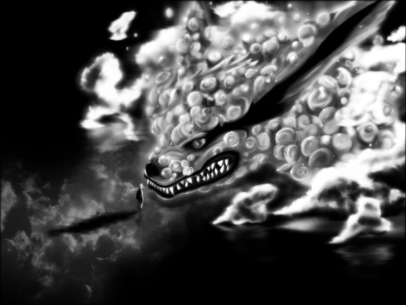 Kyuubi, representation, selective focus, nature, water, ornate, animal wildlife, cloud - sky, monochrome, night, 480P, no people, defocused