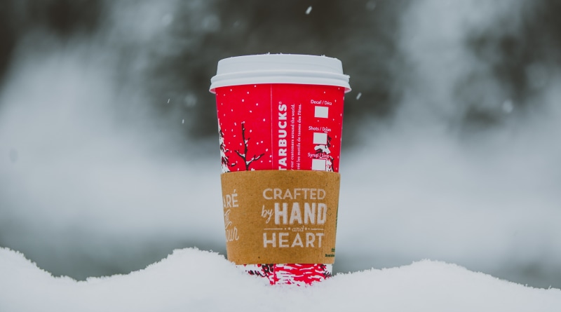 scenics - nature, red, communication, Nature, text, blizzard, frozen, cold temperature, Starbucks, western script, fog, sign, Outdoors, no people, extreme weather