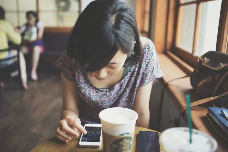 Asian, cellphone, 1080P, women outdoors, coffee, women, starbucks