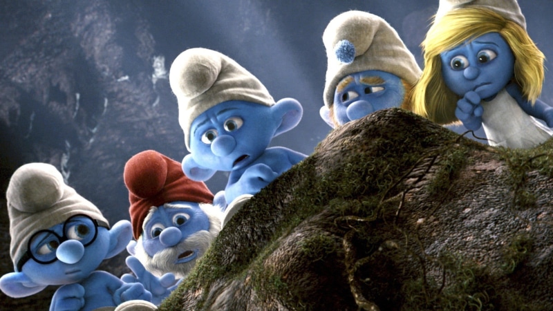plant, male likeness, belief, spirituality, day, sculpture, toy, white, blue, movies, art and craft, two, no people, low angle view, animated movies, smurfs