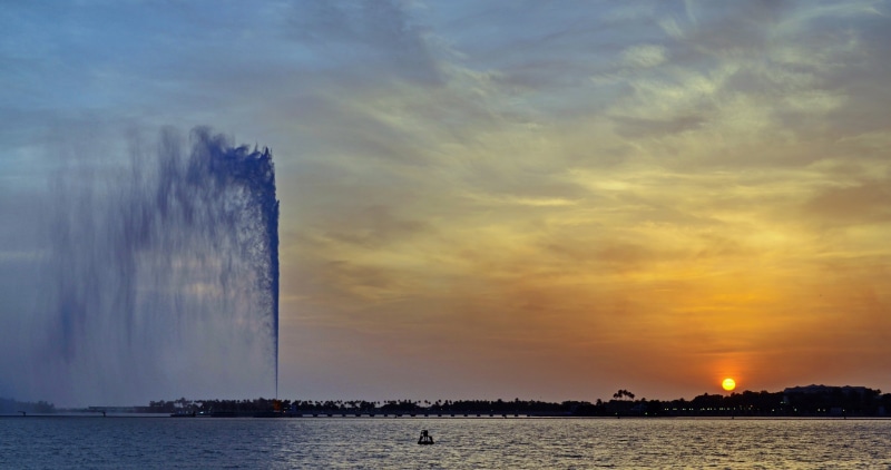 corniche, sea, water, middle, 4K, beauty in nature, no people, golden, fountain, sky, body, cloudscape, scenics - nature, jeddah, sunset, architecture
