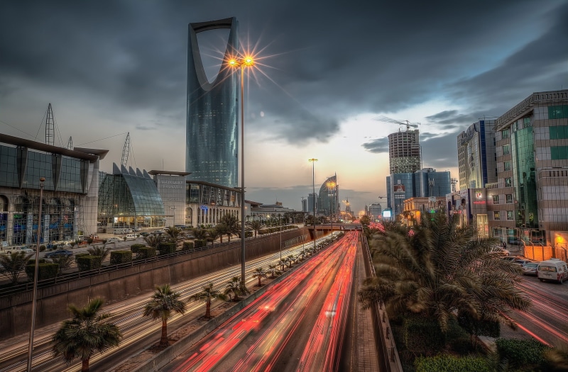kingdom, tall - high, city life, transportation, sky, street light, tower, nature, arabia, motion, light trail, street, outdoors, cityscape, saudi, building