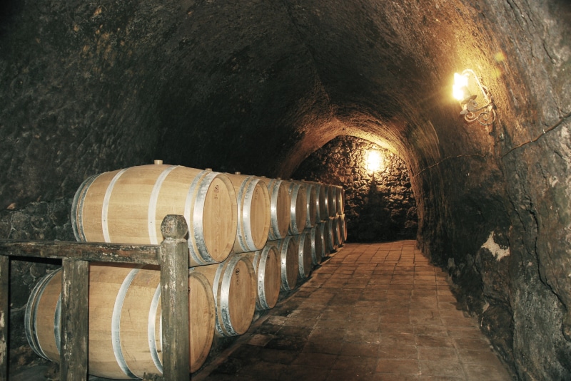 wood - material, barrel, 4K, wine, wine cask, winemaking, ceiling, no people, architecture, in a row, wine cellar, container, illuminated, drums, cave