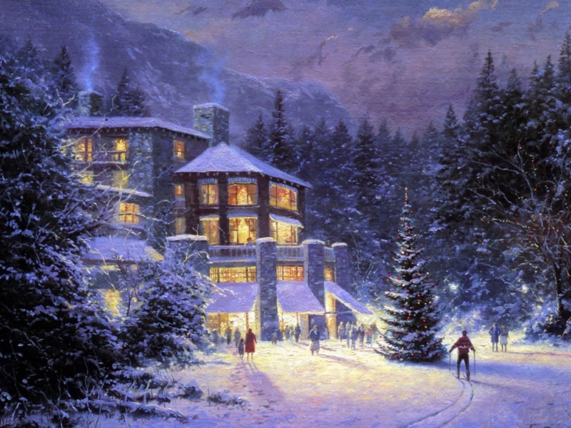 outdoors, snow, Thomas Kinkade, landscape, the hotel, building Exterior, clipart, land, building, tree, snowing, cold temperature, travel, ate, painting