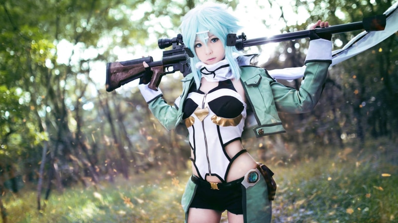 protection, kawaii, outdoors, forest, subarashii, light novel, seifuku, three quarter length, Sinon, security, Shino Wand, 1080P, asian, pretty, game