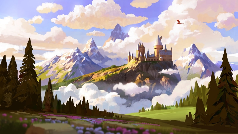 4K, Harry Potter, digital art, trees, clouds, Hogwarts, mountains