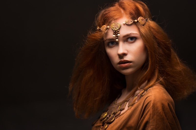 5K, necklace, young adult, gold, long hair, young women, colored, ammunition equipment, hair, decoration, one person, beautiful woman, redhead
