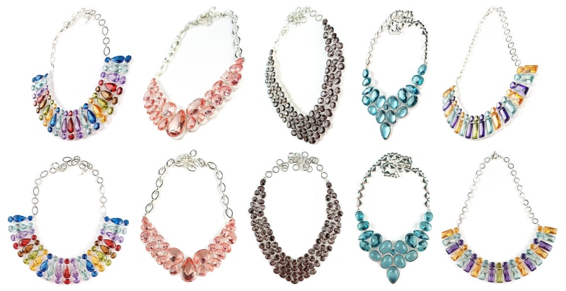 jewelry, jewellery, variation, close-up, design, color, chokers, blue, shape, semiprecious, bezel, gemstones, necklaces, lot, in a row, silver, sterling