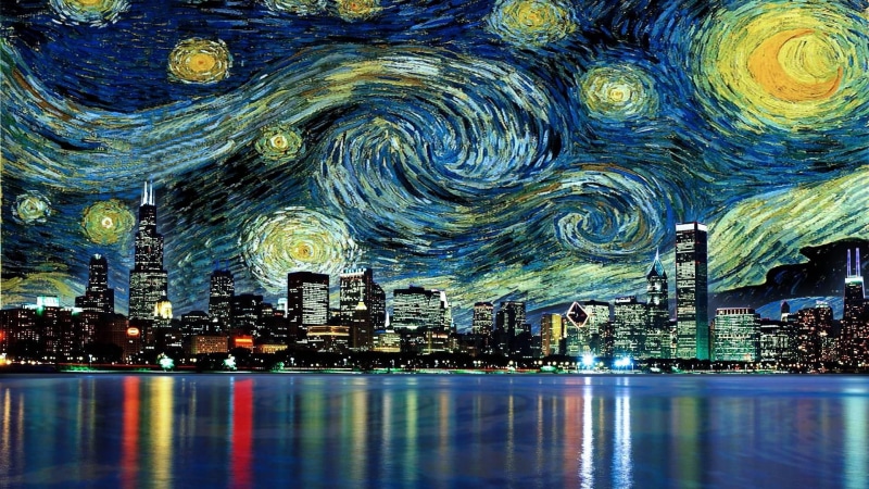 reflection, water, montage, night, skycraper, cityscape, starry night, metropolis, modern art, impressionist, artwork, skyscrapers, painting, 1080P, art