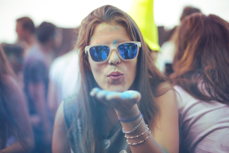 women, Holi, people, blow, friendship, lifestyles, sunglasses, adult, group of people, happiness, fun, outdoors, portrait, 1080P, event, leisure activity