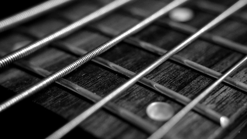 grayscale, no people, string, backgrounds, guitar, jazz, bass, equipment, full frame, musical, strings, 1080P, guitarist, indoors, blues, close-up, band
