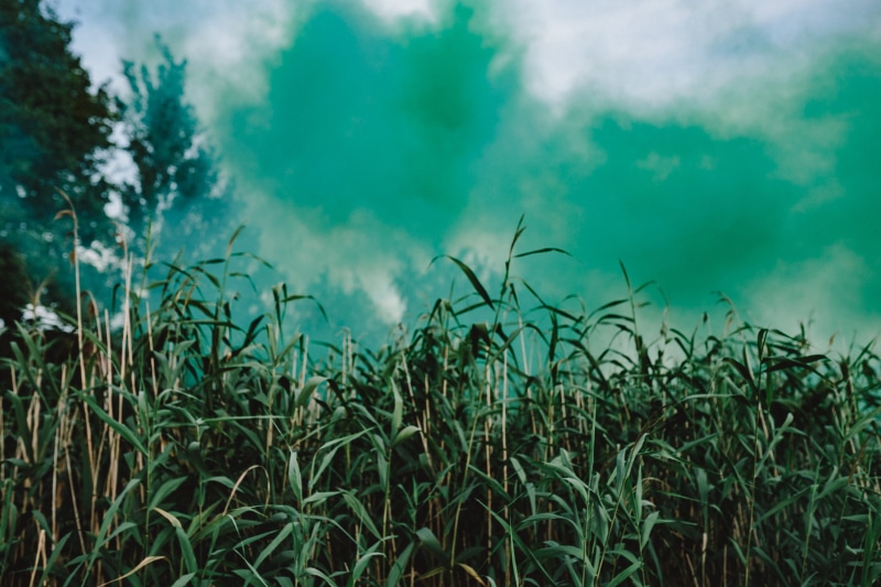 green smoke, outdoors, cloudscape, bomb, landscape, weather, scenics - nature, sky, smoke, day, 4K, abstract, environment, blue, low angle view, meadow