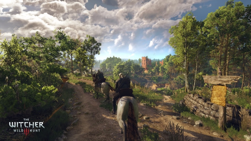 lifestyles, mode of transportation, riding, green color, The Witcher 3: Wild Hunt, plant, video games, Geralt of Rivia, sky, two people, nature, tree, rear view