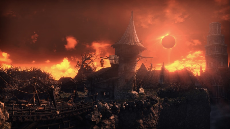 cloud - sky, no people, plant, night, air pollution, smoke - physical structure, Undead Settlement, building exterior, Dark Souls III, history, travel destinations