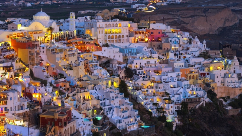 outdoors, Greece, building, religion, built structure, Santorini, cityscape, community, crowd, settlement, travel, town, travel destinations, lights, white