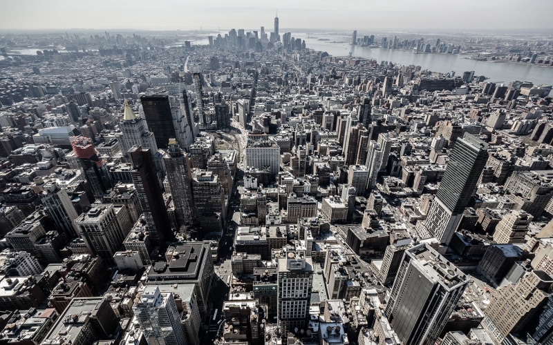 New York City, built structure, downtown district, city, cityscape, tall - high, travel destinations, architecture, settlement, building, high angle view