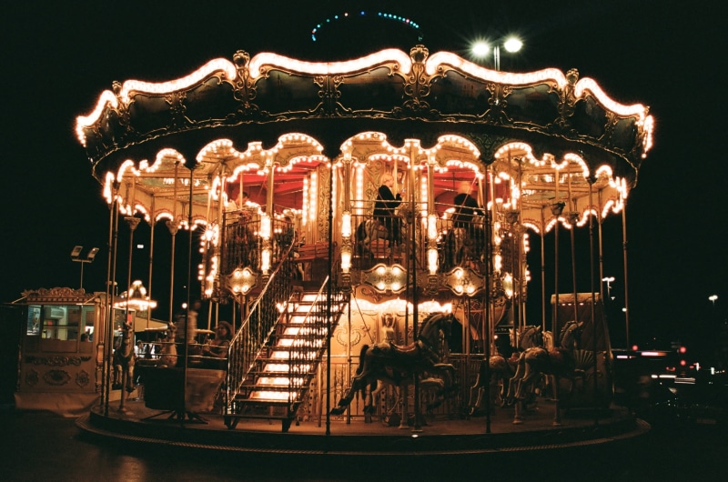 merry-go-round, night, stained glass, person, paris, abies, carousel horses, silhouette, amusement park ride, lighting equipment, church, lighting, nature