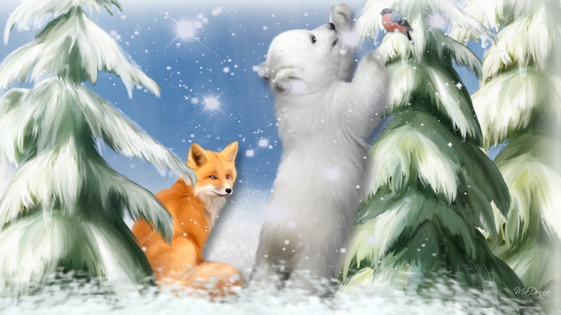 Christmas, Bird, nature, hd, art, winter, polar, cub, Fox, bear, cold, curious, Firefox Persona, 1080P