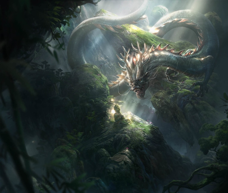 Curious dragon, buddha, flint chen, art, 720P, fantasy, dragon, statue, luminos