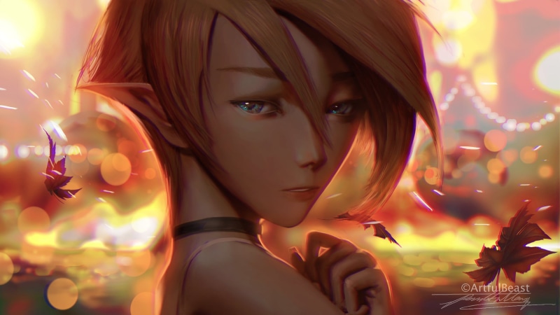 necklace, illustration, painting, blonde, lights, bokeh, drawing, artwork, fantasy girl, portrait, original characters, women, 1080P, leaves, elves, 2D