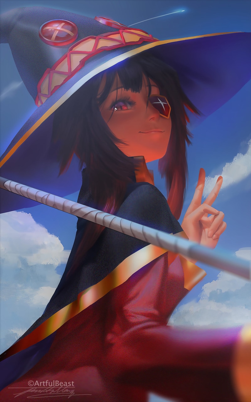 Kono Subarashii Sekai ni Shukufuku wo!, Paul Nong, digital art, 1080P, fantasy weapon, fan art, Megumin, witch hat, red eyes, brunette, eye patch, short hair