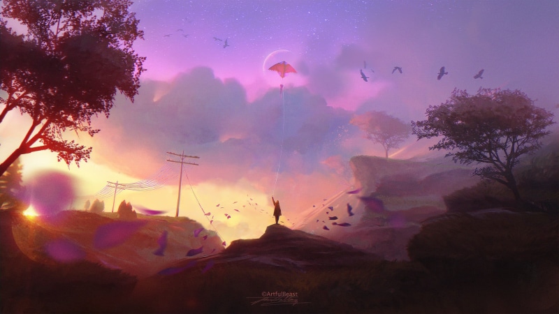 sky, 1080P, sunlight, power lines, artwork, Paul Nong, nature