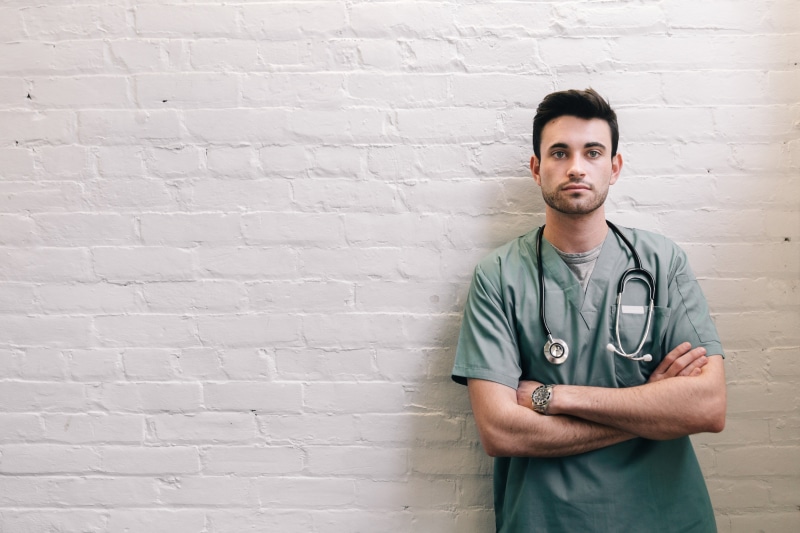 photo, brick wall, Men, crossed, Medical, Doctor, looking at camera, healthcare worker, arms, waist up, stethoscope, male, Hospital, Nursing, medical supplies
