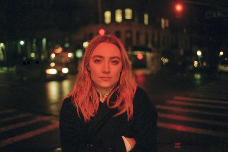night, standing, beauty, Saoirse Ronan, architecture, portrait, focus on foreground, real people, adult, contemplation, street, illuminated, hair, front view