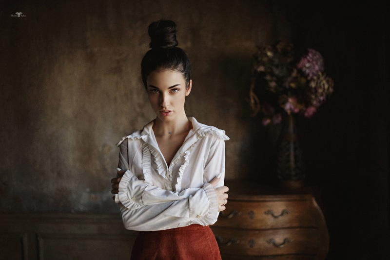 clothing, portrait, one person, indoors, looking, beautiful woman, hairbun, contemplation, front view, standing, 1080P, young women, beauty, young adult