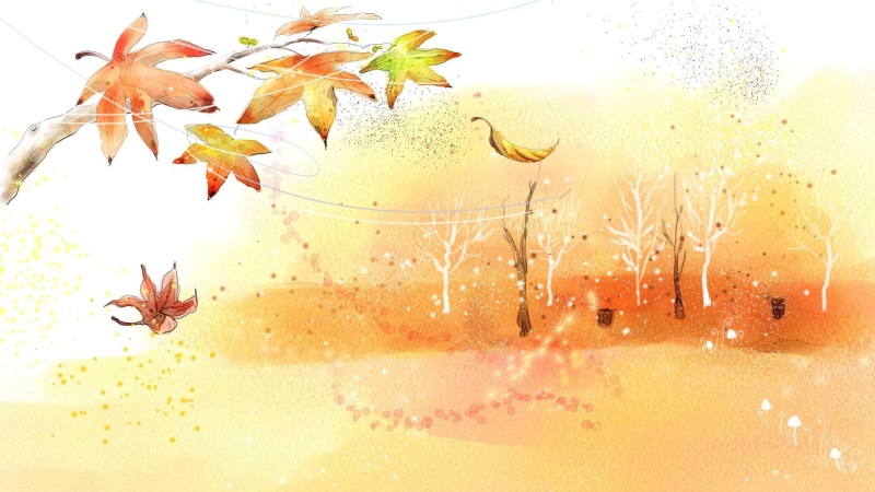 leaves, seasons, fall, firefox persona, 3d and abstract, mushrooms, 1080P, winds, autumn, blowing, orange, trees