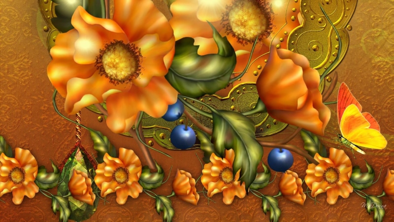 blue berries, glow, fall, blue, poppies, summer, flowers, firefox persona, glowing, orange, green, bright, poppy, graphic, flower, petaled, round, brown