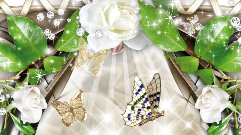 white roses, rose, summer, shine, white, flowers, jewels, 1080P, butterflies, leaves, stars, 3d, sparkle, glow, butterfly