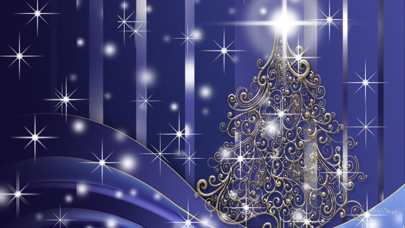 3d and abstract, glow, 1080P, feliz navidad, tree, gold, blue, stars, christmas, sparkle