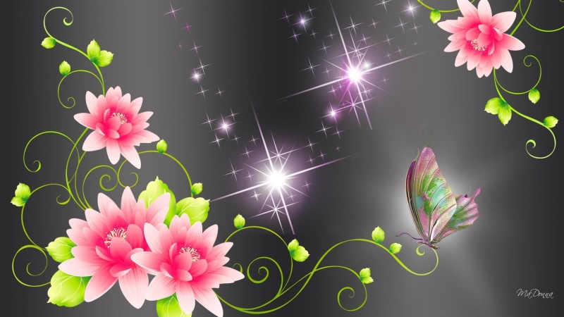 stars, leaves, 3d and abstract, bright, black, butterfly, 1080P, silver, lotus, flowers, color, lilies, glow