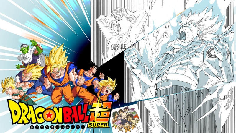 trunks, outdoors, Dragon Ball Super, built structure, Super Saiyan Blue, no people, multi colored, human representation, nature, legendary super saiyan