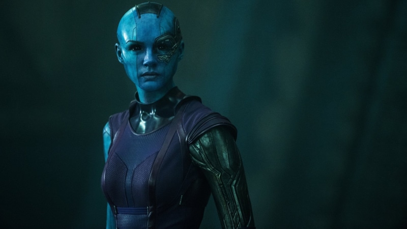 Movie, standing, studio shot, serious, waist up, dark, 1080P, indoors, one person, young adult, front view, futuristic, adult, contemplation, Nebula (Marvel Comics)