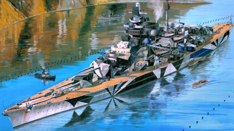 reflection, Warships, Battleship, military, 1080P, German battleship Tirpitz, rippled, nautical vessel, motorboat, mode of transportation, waterfront