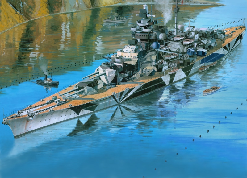 military, day, art, 8K, gray, Tirpitz, mode of transportation, outdoors, travel, high angle view, motion, black, water, nature, reflection, Battleship