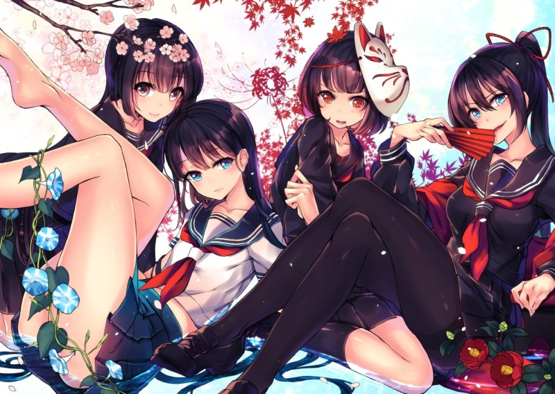 school uniform, adult, original characters, lifestyles, event, women, flowers, emotion, water, mask, anime girls, portrait, people, beauty, togetherness