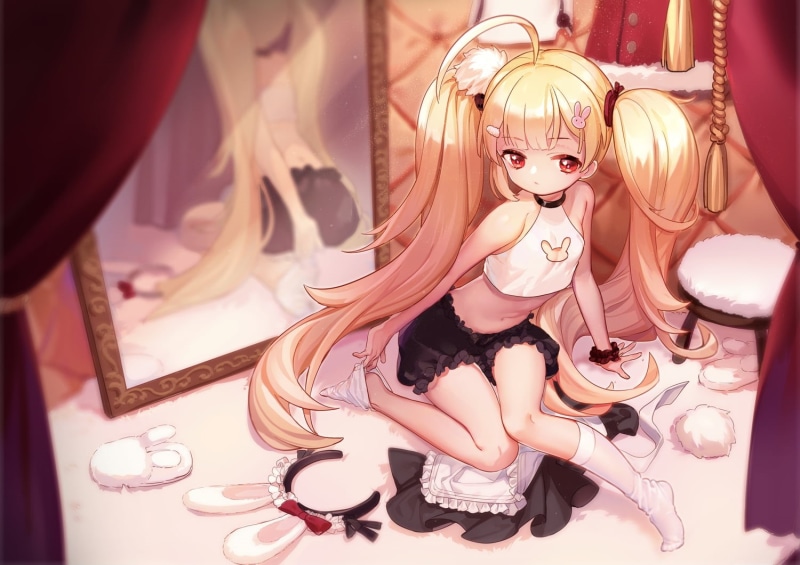 720P, Eldridge (Azur Lane), mirror, knee-highs, bloomers, twintails, loli, long hair, red eyes, Azur Lane