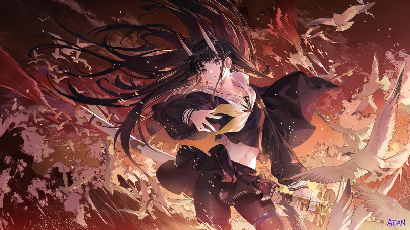 birds, horns, anime, Azur Lane, anime girls, katana, Atdan, 720P, Noshiro (Azur Lane)