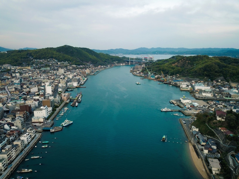 high angle view, ferry, imabari, nautical, nautical vessel, building exterior, japanese town, mavic pro, mode of transportation, cloud - sky, water, outdoors