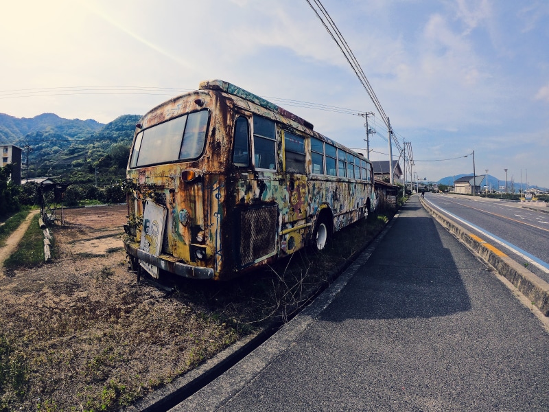 driving, onomichi-shi, school bus, obsolete, sunlight, rotting, rusting, road, run-down, abandoned bus, abandoned car, transportation, train, nature, track
