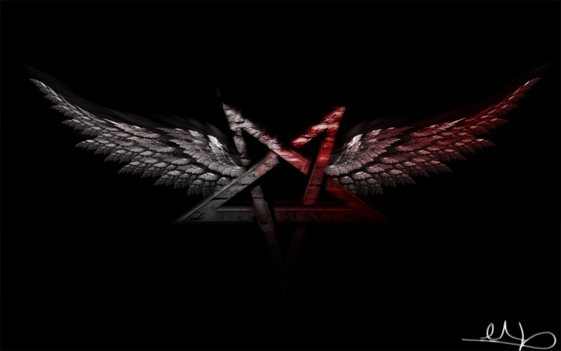 1080P, wings, pentagram, black